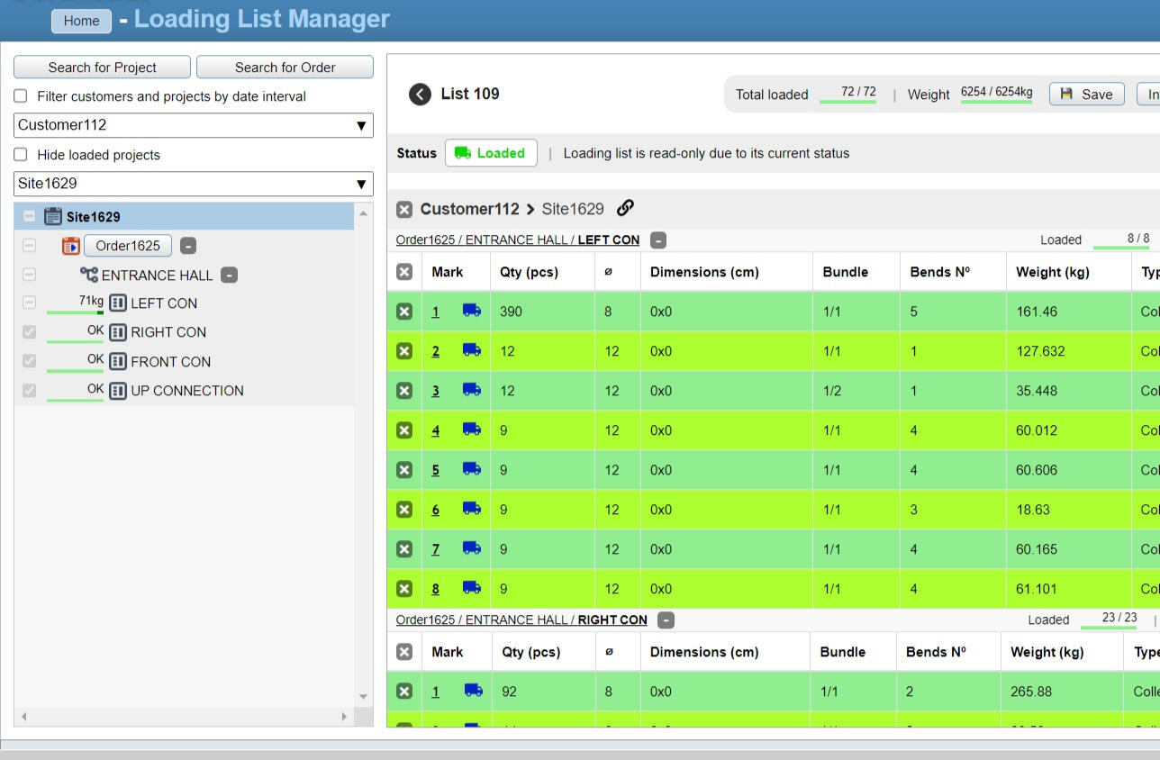 Steel reinforcement loaded list