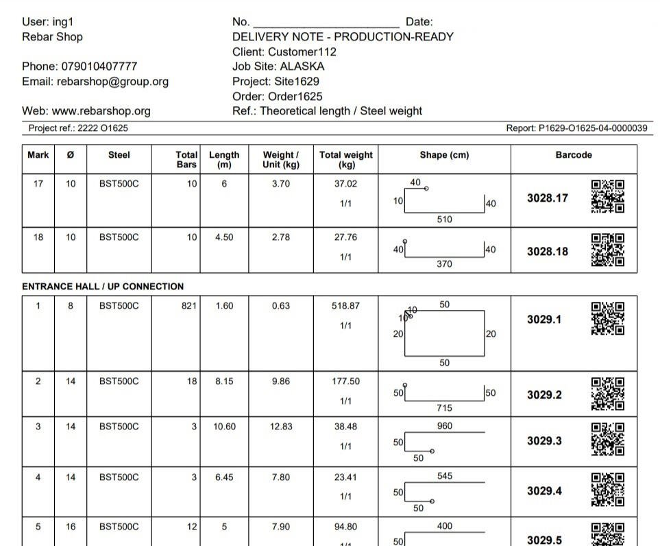 Steel reinforcement delivery note